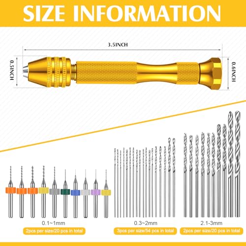 Image of Vinsot 95 Pieces Micro Hand Drill Bits, 1 Pin Vise and 94 Pieces Micro Twist and PCB Mini Drill Bits for DIY Wood Jewelry Resin Beads Polymer Clay Craft Model Making(Gold)