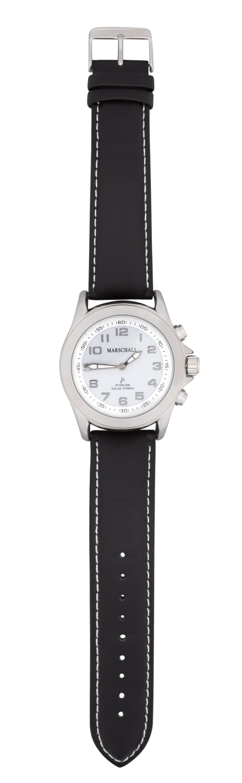 Marschall Deutsch sprechende Herren Funk-Armbanduhr I Mit Solarpanel I 1146wl I Für Blinde, Senioren und Demenzkranke I Datum- und Zeitansage I Schwarzes Lederarmband