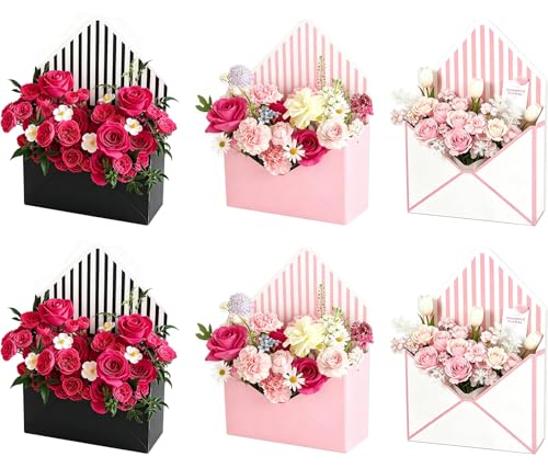 FYSUIMU 6Pcs Mothers Day Floral Envelope Box Empty Flower Stripe Paper Box Florist Bouquet Packaging Box for Valentines Day Wedding Birthday Party Arrangements Black White Pink