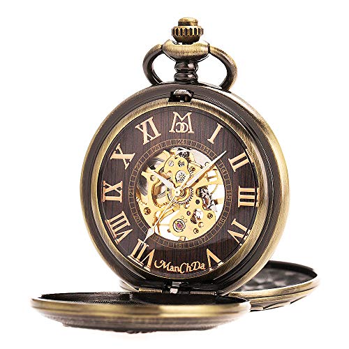 ManChDa Antique Men Pocket Watch Double Hunter Automatic Mechanical Bronze Case 3D Steam Train Railroad Ruman Numerals