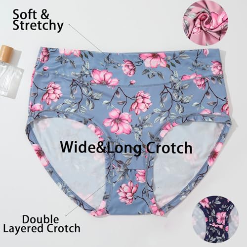 Image of Womens Underwear XL-5XL Plus Size Ladies Panties Mid High Waist Briefs for Woman Floral Print Pantys 6-Pack