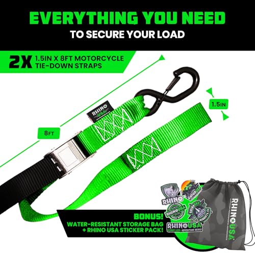 Image of Rhino USA Motorcycle Tie Down Straps (2 Pack) Lab Inspected 2,200lb Break Strength, Steel Cambuckle Tiedown Set with Integrated Soft Loops - Better Than a Ratchet Strap (Green 2-Pack)