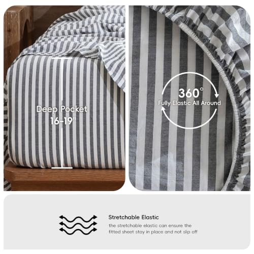 Image of MooMee Striped Sheet Set 100% Washed Cotton Linen Like King | Relaxed Linen-like Texture. Soft, Breathable & Lightweight Comfort. 15-19 inch Extra Deep Pocket with All-around Elastic