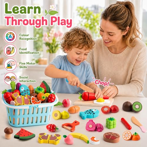 Miniatura 8 de Bunnyjoy Frutas Y Verduras Juguete 26 Piezas Accesorios De Juguete De Cocina De Madera, Cortar Juguetes De Alimentos Juegos Culinarios Juguetes Educativos Para Niños 3 4 5 6 Niños Y Niñas