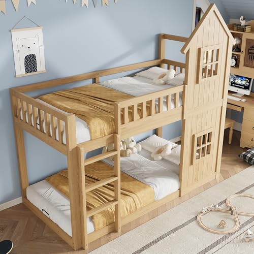 YuQozii Litera, cuna, 2 exquisitas ventanas, hermosas formas de casa, escalera de tres niveles, cercado en todos los lados, pino + MDF, natural, 90 x 200 cm