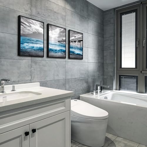 Black Framed Wall Decorations For Living Room 3 Piece Canvas Wall Art For Bedroom Office Wall Decor Black And White Wall Painting Blue Ocean Sea Wave Pictures Artwork For Posters Prints Home Decor