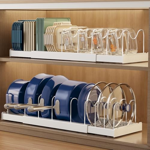 Magheo 2 Pack Expandable Food Storage Container Lid Organizers, 22" Pots and Pans Organizer Under Cabinet with 9 Adjustable Dividers Pot and Pan Lid Holders Rack Inside Cabinet(White) by Magheo - Used condition - US$29.43
