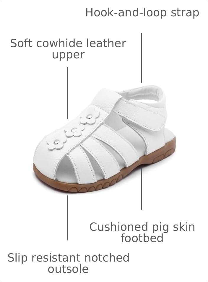 Image of Femizee Toddler Girls Leather Dress Sandals with Adjustable Strap | Toddler /Little Kids, Leather upper, Cushioned footbed, Hook-and-loop, Flexible Sole, Dressy summer occasions, Princess-style