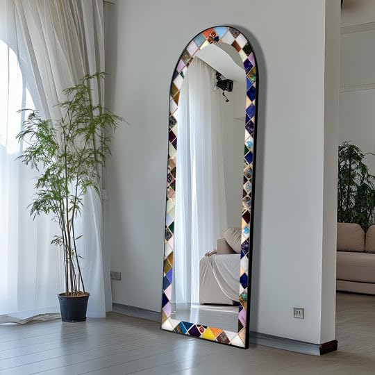 Mosaico Mirage - Specchio da pavimento ad arco a lunghezza intera, 50 x 160 cm (larghezza x altezza), con cornice nera e cornice nera