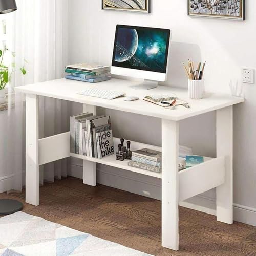 Image of Furniture Cafe Modern White Computer Desk with Storage Shelf - Study Writing Table for Home Office and Bedroom