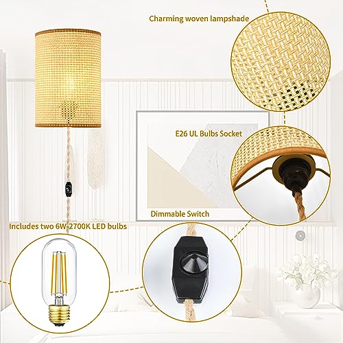Xininsun 000 Wall Sconces Set Of Two,Plug In Wall Sconces,Rattan Lampshade,Wall Lamp thumb #2