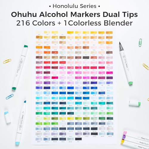 Ohuhu Brush Markers - 216-color Double Tipped Alcohol-based Art Marker Set for Artist Adults Coloring Illustration -Brush & Chisel Dual Tips - Honolulu Series of Ohuhu Markers - Refillable Ink
