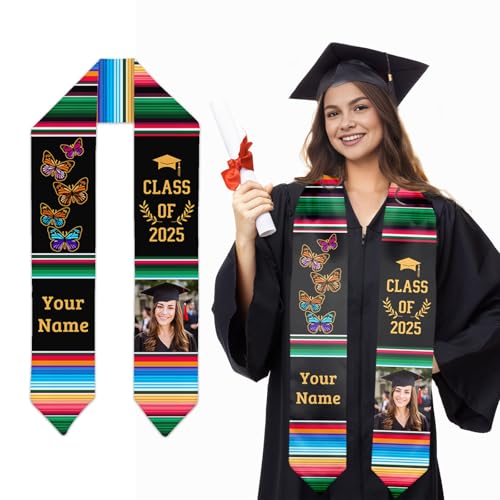 GIHSWE Personalized Photo Graduation Stole, Graduation Sash Senior Class of 2025, Grad Stoles Senior Double Side Printing Butterfly Print with Name, Gifts for Students Graduates, 70 Inches