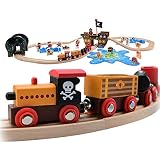 Pidoko Kids Pirate Theme Wooden Train Set - 72 Pcs - Includes Magnet Fishing Poles - Set compatible