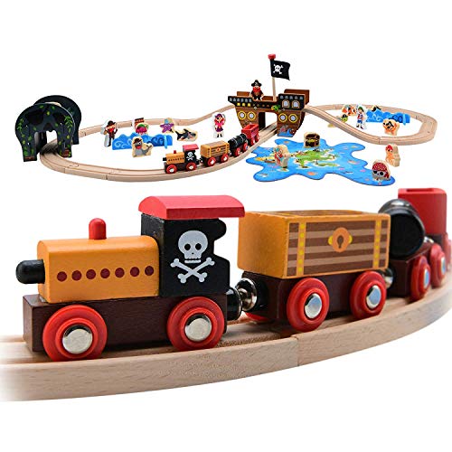 Pidoko Kids Pirate Theme Wooden Train Set - 72 Pcs - Includes Magnet Fishing Poles - Set Compatible With All Major Brand Tracks And Trains #TOP12