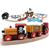 Pidoko Kids Pirate Theme Wooden Train Set - 72 Pcs - Includes Magnet Fishing Poles - Set compatib...