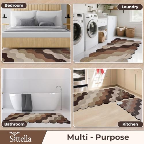 Image of SITTELLA Rubber Kitchen Mats Set, 120x40cm & 40x60cm, Wave Print | Anti-Skid, Water Absorbent, Rectangular, 2 Mats Set