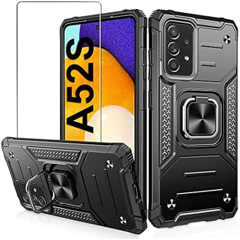 Designed for Samsung A52S/A52 5G Case with Screen Protector,Jshru Military-Grade Drop Protection,A52S 5G Case for Women & Men,with Ring Kickstand,Shockproof Bumper Case for Samsung Galaxy A52,Black Cover