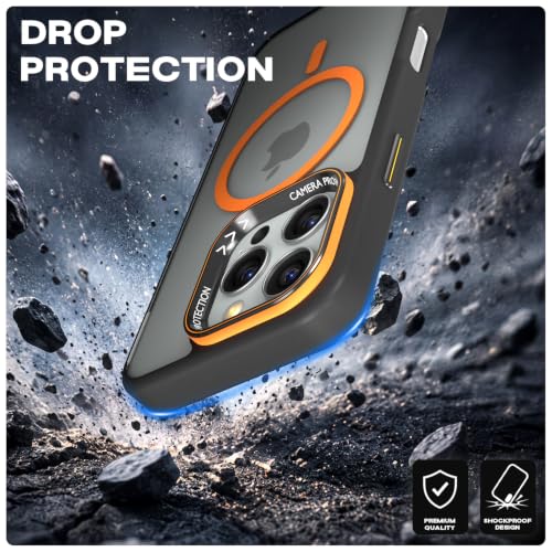 Image of Pikkme Back Cover for iPhone 16 Pro | Shockproof | Mag-Safe Compatible | Hard Transparent Back | Premium Raised Camera Protection | Bumper Case (Black & Orange Mag-Safe)