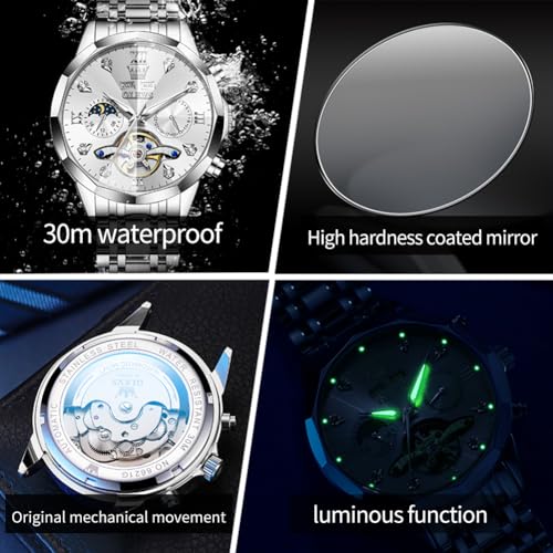 Image of OLEVS Automatic Men Watch Self Winding Mechanical Moon Phase Business Luxury Diamond Dress Stainless Steel Waterproof Luminous Mens Wrist Watch