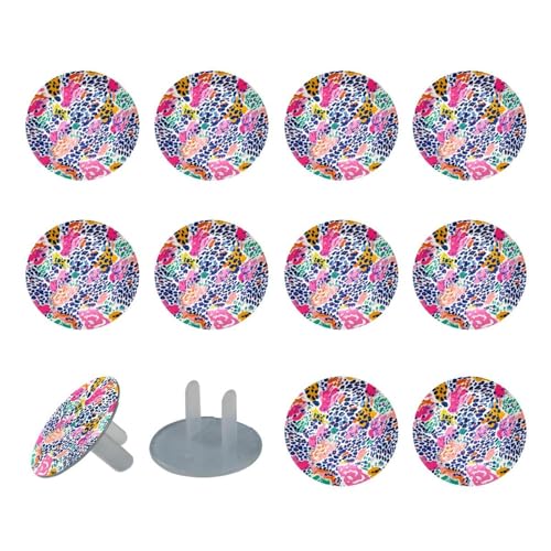 12 Packs Colorful Leopard Baby Child Proofing Outlet Covers, Electrical Safety Socket Cap, 2-Prong Power Wall Plate, Safety Plugs Protector Guard