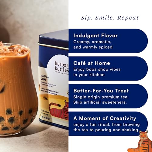 Image of Herbs & Kettles Masala Chai Boba Kit | Assam Black Tea with Ginger, Cardamom, Cinnamon, Cloves & Black Pepper + Chewy Tapioca Pearls | DIY Bubble Tea Kit with Reusable Straws & Easy Instructions