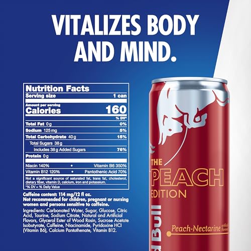 Red Bull Peach Edition Energy Drink, Peach Nectarine, with 114mg Caffeine plus Taurine & B Vitamins, 12 Fl Oz, Pack of 24 Cans - Thumbnail 2
