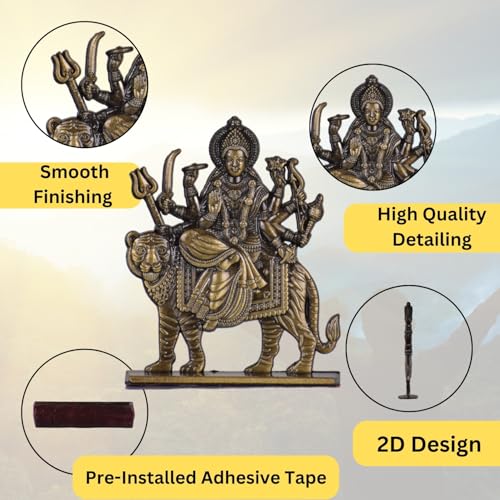Image of BUC Sri Maa Durga, Ma Sheravali Idol for Car Dashboard - Brass Finish Divine Protection Murti for Car, Temple & Office (S944-BRS)