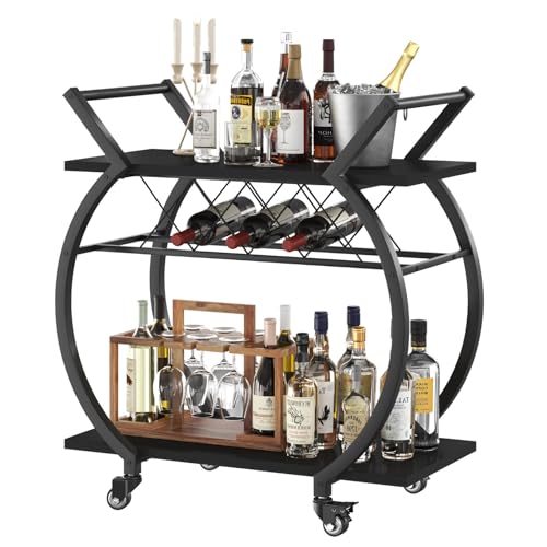 LVB Carrito Bar Negro, Carrito para Bebidas Moderno, con Ruedas, Madera y Metal, Estante Incluido, Cocina o Comedor