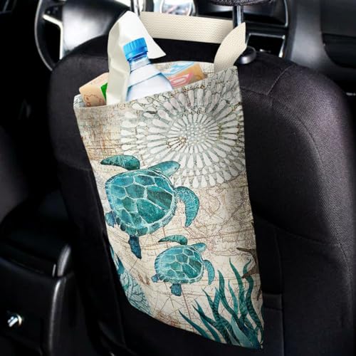 Image of Car Trash Bag Hanging No Snap Small Garbage Bag for Car Back Seat Cute Printed One-handed Strap Trash Bags Car Accessories-Sea Turtle Car Trash Bags