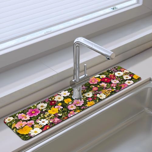 Bimkole 1 PCS Faucet Absorbent Mat, Kitchen Faucet Sink Splash Guard Wraparound Cloth Pads Drip Catcher for Sink Faucet for Kitchen Bathroom Faucet, Colorful Faucet Mat, 15 x 4 Inch Flower A8