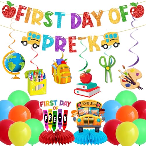 First Day of Pre K Decorations: First Day of Prek Banner Hanging Swirls Centerpieces Balloons First Day of Preschool Decorations for Kindergarten Home Classroom Decor
