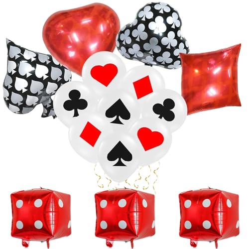 Ovanda Lot de 15 ballons décoratifs de casino, ballons en aluminium, ballons de poker, carte de poker blanche, rouge, en latex, décoration de poker, ballon...