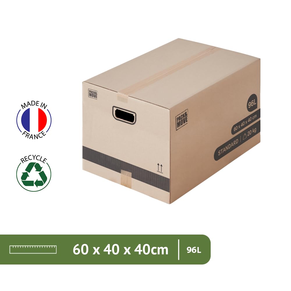 Pack and Move - Lot 20 cartons déménagement L larges - 40 x 60 x 40 cm - Poignées renforcées - 1 adhésif offert