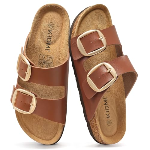Image of KIDMI Women's Cork Footbed Slide Sandals Comfortable Arch Support Outdoor Sandal with Big Adjustable Buckle for Summer