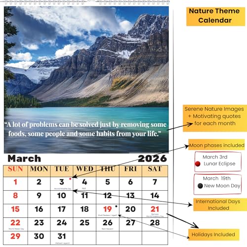 Image of 2026 Wall Calendar | Size - 12x17 Inch with Motivational Quotes,Holidays Mentioned | 220 GSM Thick Paper | Wiro Bind | Notes, Scheduling and Planning For Home Office School Hanging (Nature & Floral Planner)