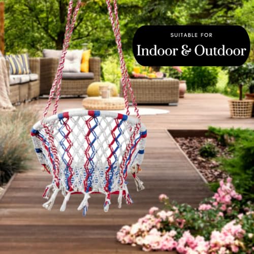 Image of Swingzy Premium D-Shape Swing Chair with Cotton Ropes for Kids & Adults | Durable Hanging Seating for Home Decor | Balcony | Patio Use | Indoor Outdoor Hanging Chair with Accessories (Multicolor)