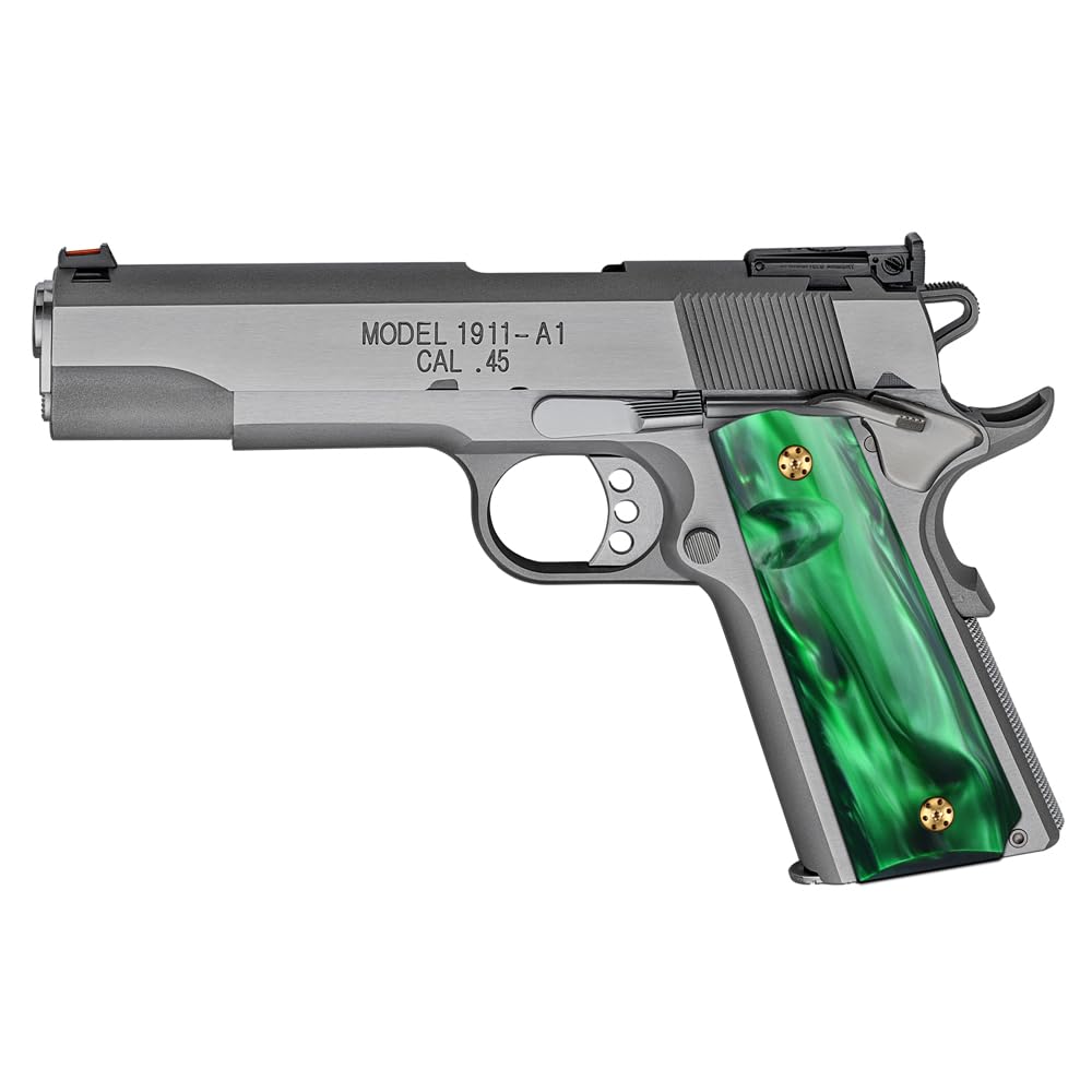 Cool Hand 1911 Grips for Full Size, High Polished Synthetic Pearl, Gold Screws Included, Ambi Safety Cut, Green