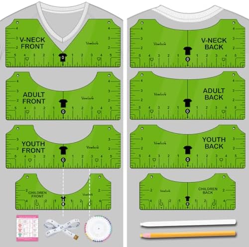 Tshirt Ruler Guide Vinyl Alignment Tool - Sublimation Accessories, T Shirt rulers to Center Designs, Transparent V-Neck/Round PVC Ruler for Adult Youth Toddler Infant 2XL-6XL