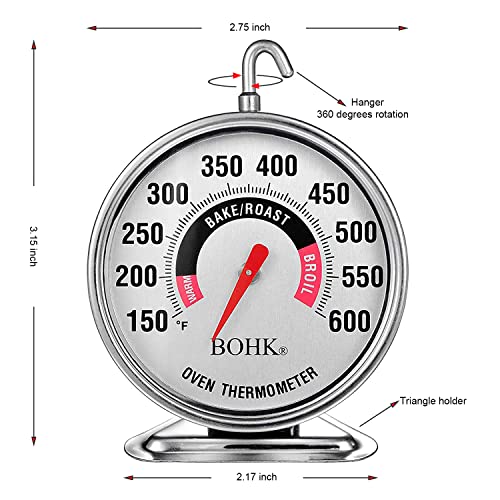 Bohk Large 2.36 Inch Dial Oven Thermometer With Bold Numbers Clear Toughened Glass Lens Hook Base Durable Stainless Steel Body Easy To Read Accurate 150-600℉ #TOP1