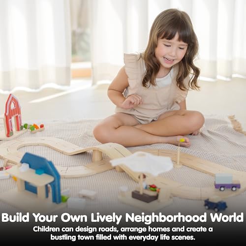 Image of PlanToys Wooden Neighborhood Roadway Playset Montessori Kids Building Play | toy cars, toy car track, girls, boys, city planning, imaginative fine motor problem solving gift preschool learning cute