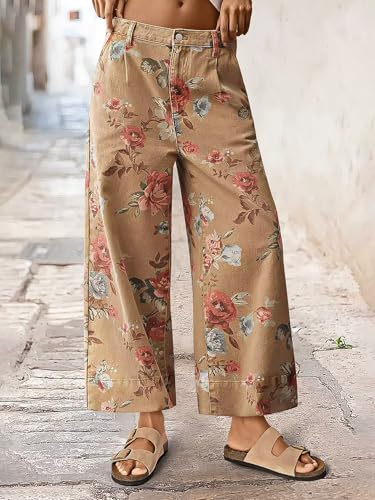 Flamingals Floral Print Wide Leg Cropped Pants for Women Trendy Mid Rise Boho Ankle Cute Jeans2