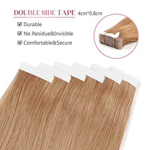 Image of Sixstarhair Strawberry Blonde Tape in Hair Extensions 20 Pieces Remy Human Hair Extensions Double Side Tape Attached Invisible Hair Extensions [Color 27 Strawberry Blonde 20inch]