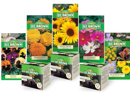 D.T. Brown Seed Bundle Grow Your Own Bee and Beneficial Insects Flowers Kit - Pansy, Marigold, Sunflower, Cosmos Mix, Australian Native Flower Mix + Seed Raising Pellets