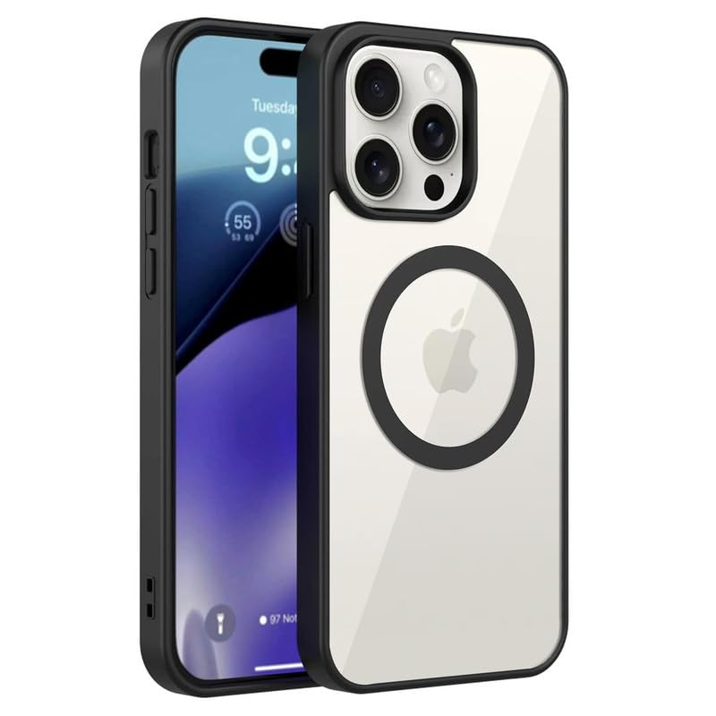 Image of AIBEX Clear Mag-Saf Case for iPhone 15 Pro Max - 1,500 G Strong Magnetic Lock, Crystal-Clear Anti-Yellowing Back | Military-Grade Drop Protection | Camera Guard, Slim & Lightweight - Black