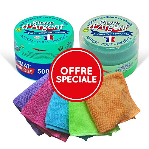 Lot de 2 Pierre d'Argent avec 1 éponge classique, 1 éponge ergonomique et 5 mini-lingettes microfibres