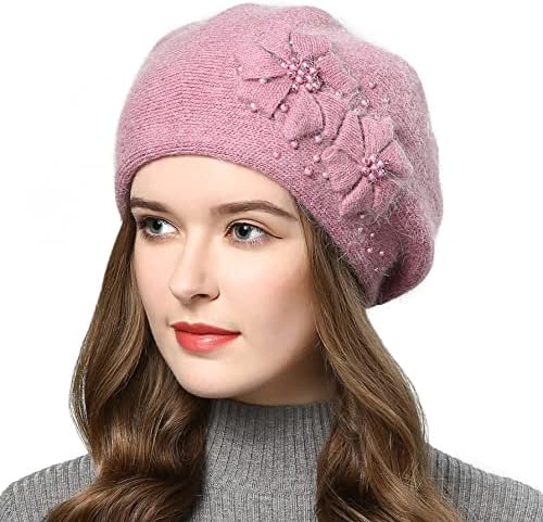 AICHUAN Women Winter Knit Beret Hat Rabbit Hair French Style Beret Classic Warm Casual Beanie Hat Pink