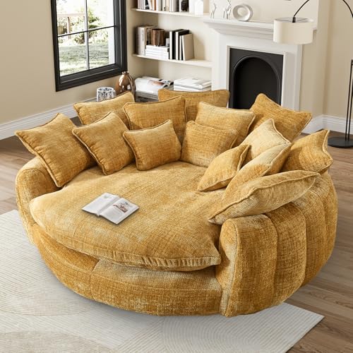 Image of 81 inch Round Sofa Bed Big Bean Bag Round Chaise Lounge Oversized Round Couch Boneless Reading Chair Plush Fluffy Chenille Large Chaise Chair for Living Room, Bedroom, Apartment, Yellow