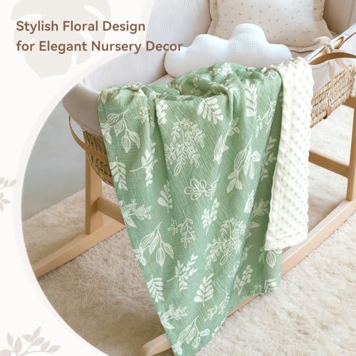 Image of BOPRIO Baby Blankets for Unisex Boys Girls Super Soft Nursery Minky Blankets with Breathable Muslin Cotton Front and 3D Touch Dotted Fleece Backing, Leaf Printed Bed Throws Newborn 30 x 40 Inch