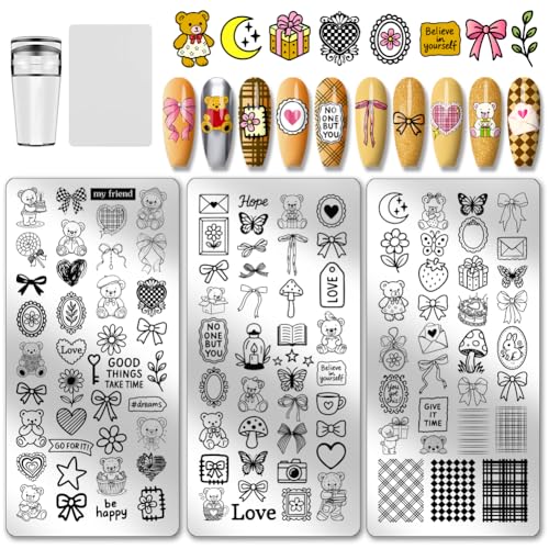PH PandaHall 3pcs Cute Bear Nail Stamping Plates Bows Heart Nails Art Stencils Butterfly Fruit Mushroom Manicure Art Templates Lovely Sweet Style Nails Image Plates for Women Manicures Salon Design